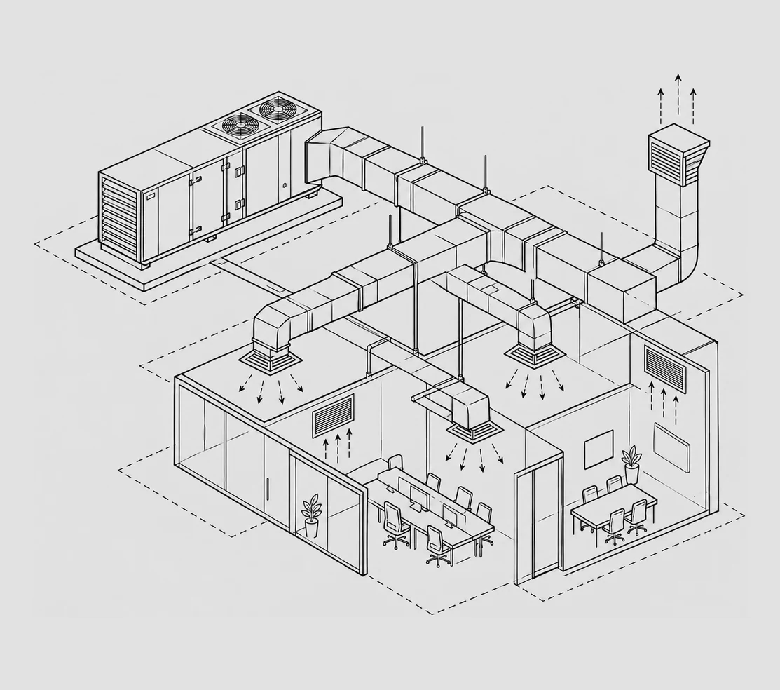 Isometric line drawing of an HVAC installation with air-handling unit, duct runs, diffusers and an exhaust riser.