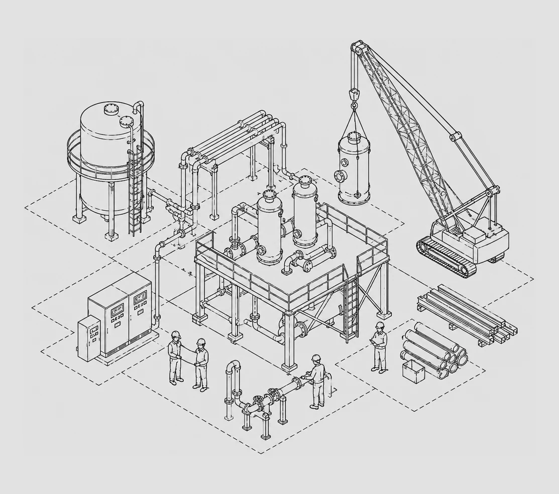 Isometric line drawing of site erection works: crawler crane, structural platform, vessels and a working crew.