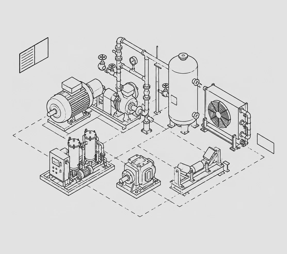 Isometric line drawing of a mechanical skid with motor, pump, pressure vessel, heat exchanger and gearbox.