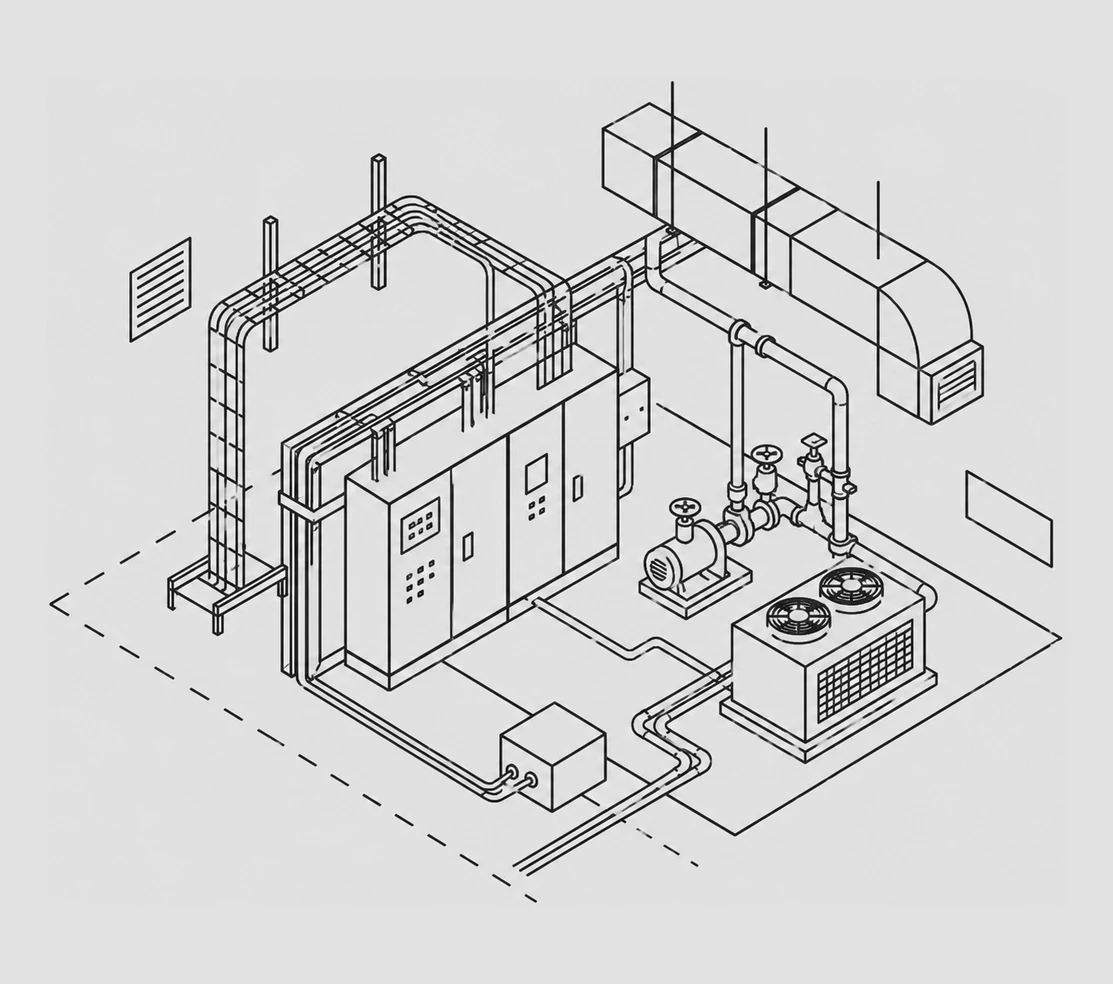 Isometric line drawing of a plant room with utility piping, control panels, ducting and a condenser unit.