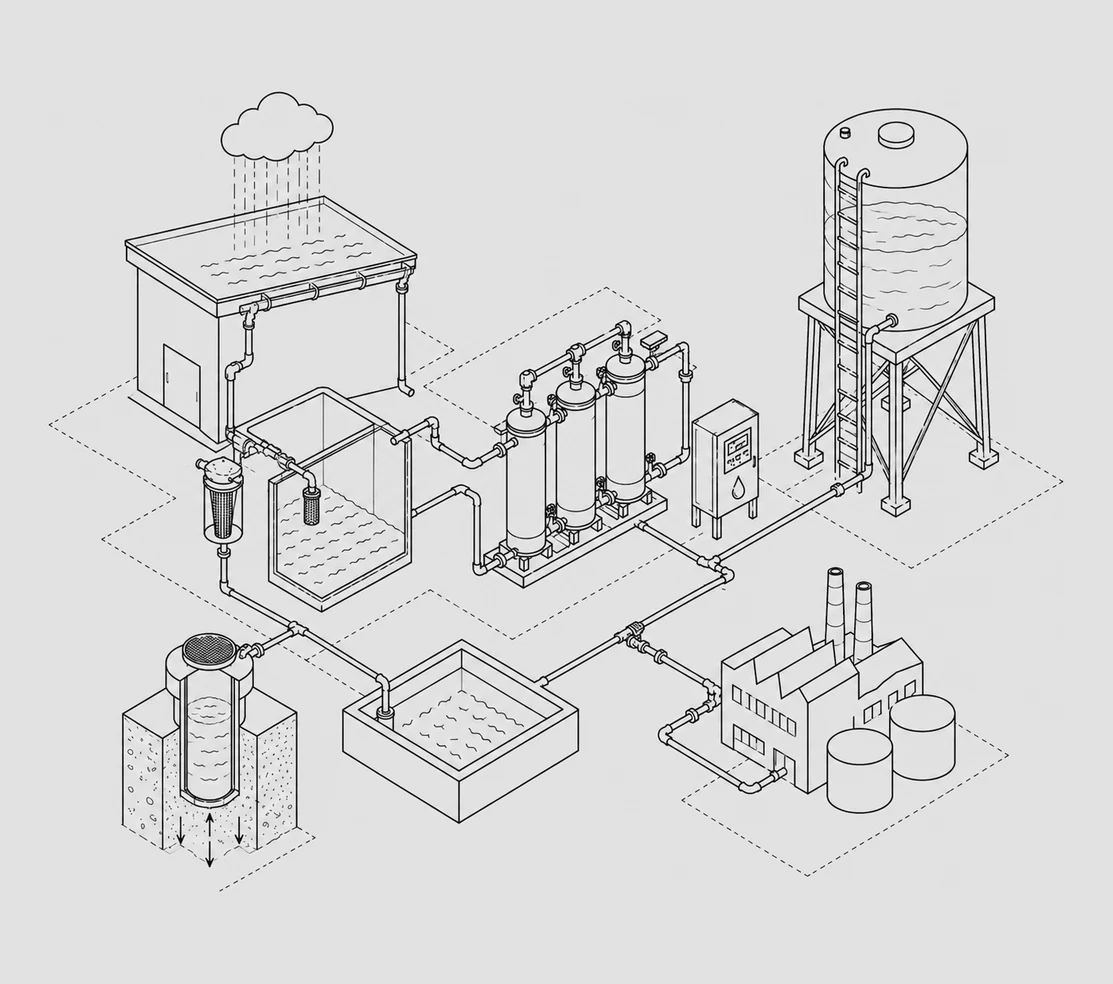 Isometric line drawing of a rainwater harvesting system: roof collection, filtration, recharge pit and storage tank.