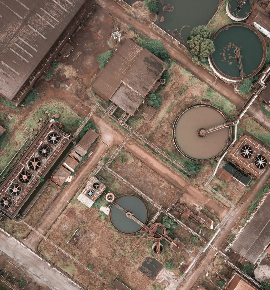Aerial view of site utility and water treatment infrastructure.
